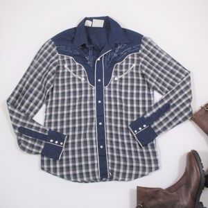 Vtg 70s Western Shirt Plaid Blue Rockabilly EUC